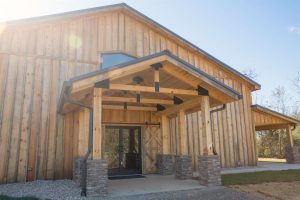 View of the covered front porch entrance to the event barn.
